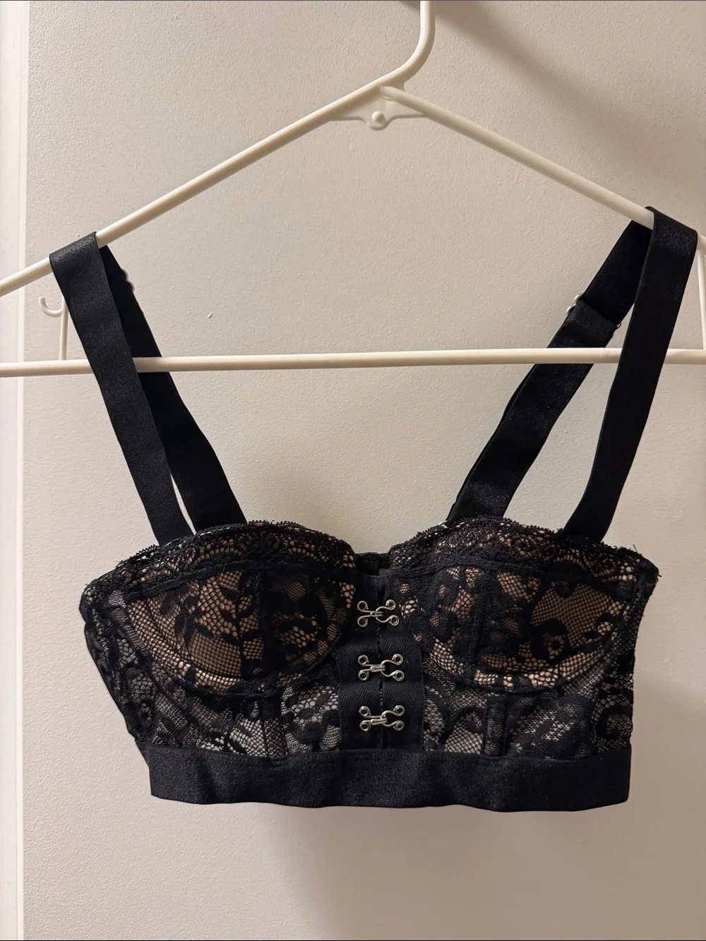 Black Lace Longline Bustier Bra with Hook Accents